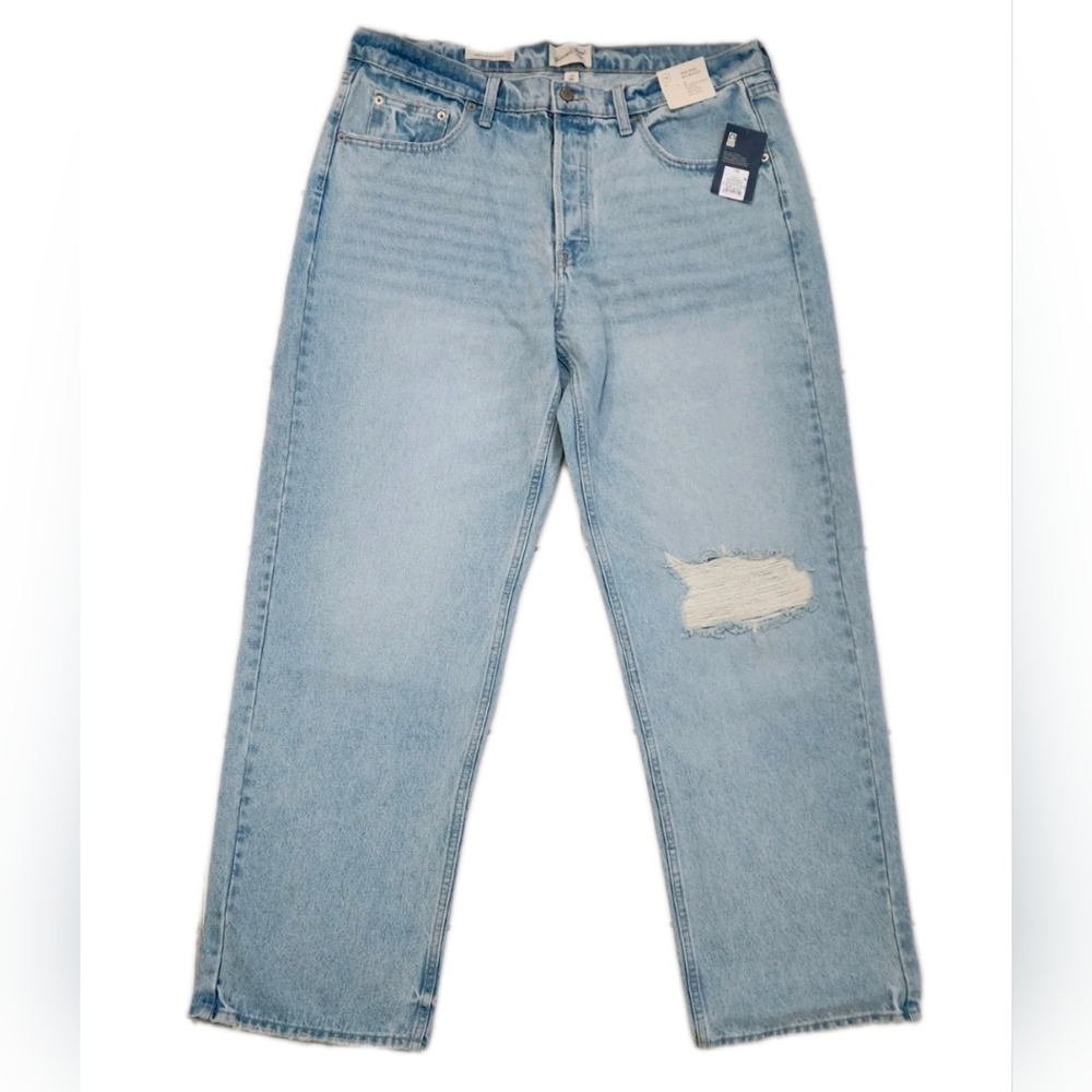 90's Baggy Denim Jeans Light Blue Distressed Mid-Rise 100% Cotton Size 14